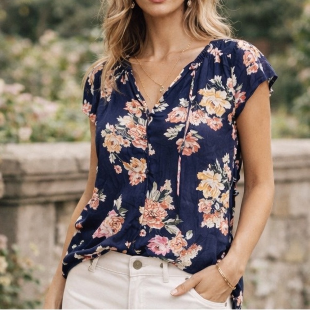 Buffalo David Bitton Floral Print Blouse - Navy and Pink